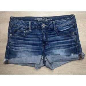 American Eagle Jean Shorts Size 12 Women Shortie Super Stretch Blue Denim Ripped